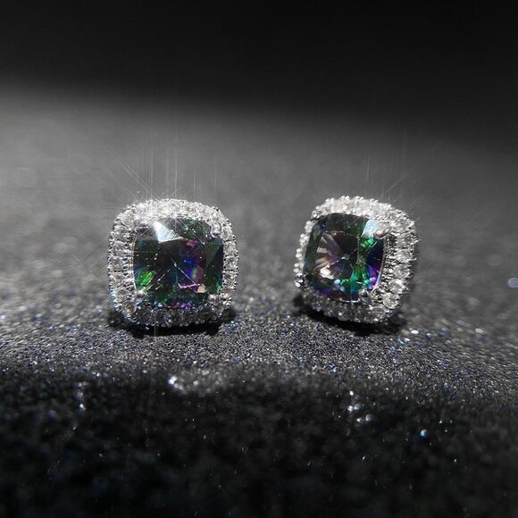 Square Colorful Micro Pave Zircon Stud Earrings for Women, EVGG1032 - Picture 9 of 10